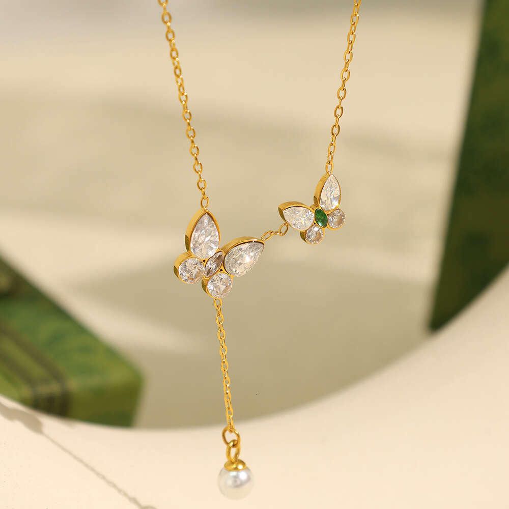 Japanese and Korean INS Necklace for Women Titanium Steel Fashion Commuting Style Butterfly Tassel Pearl Collarbone Chain Versatile Elegant