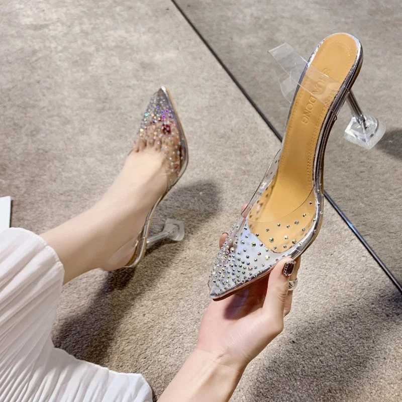 Women High Heel Shoes Summer Bling Transparent Plastic Thin Heels Women Slingbacks Shoes Dress Party Pionted Toe Heels Shoes W250910