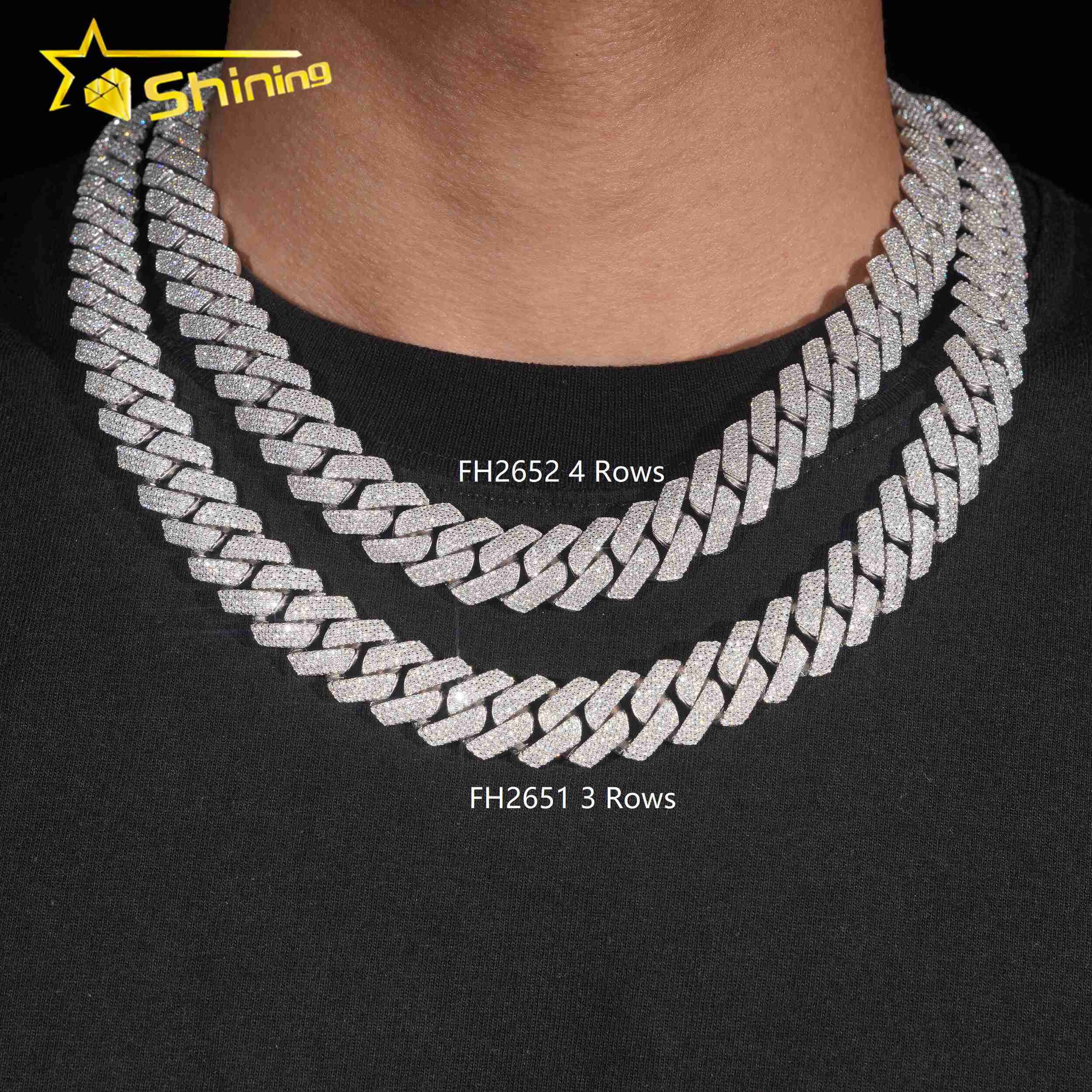 Hip Hop Jewelry 15mm 3 Rows 4 Rows Chain 925 Sterling Silver GRA Certificate Iced Out Necklace Moissanite Cuban Link Chain