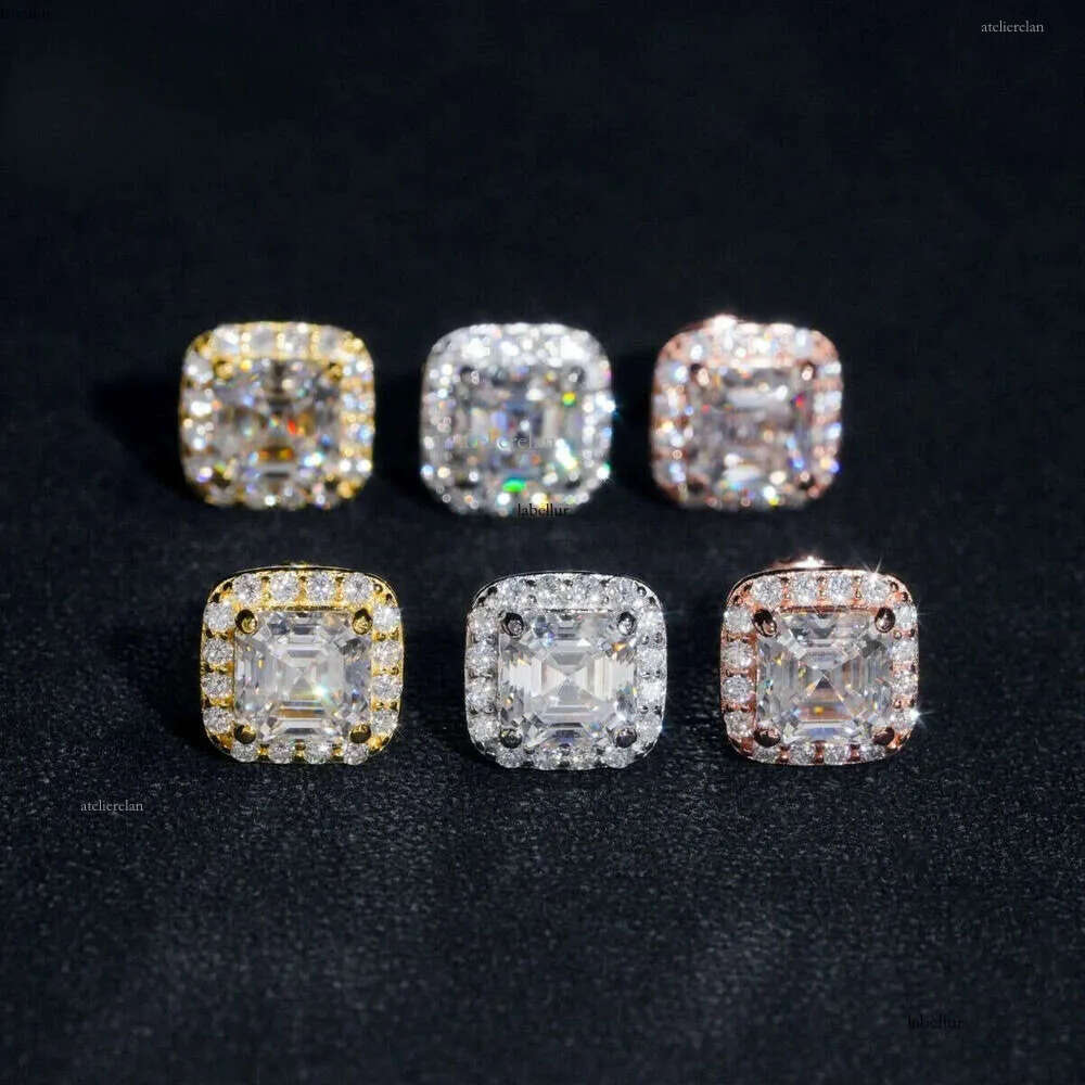Tester Certified RTS Hip Hop Jewelry Sier Asscher Cut VVS Dia Moissanite Stud Earrings