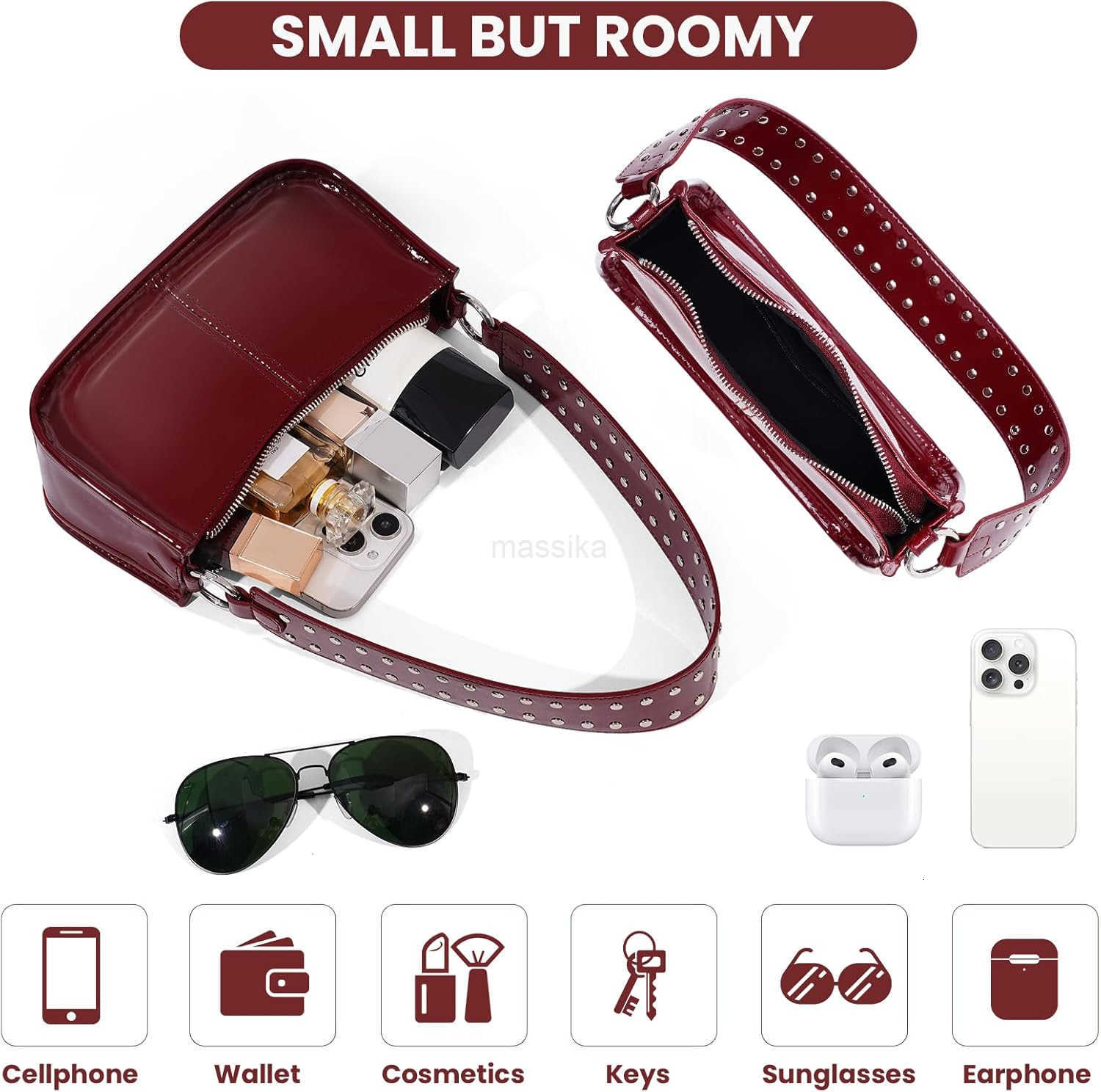 Shoulder Bags for Women Patent Leather Handbags Red Purse Vintage Y2k Studded Shoulder Crossbody Bag Small Hobo Bag M250910