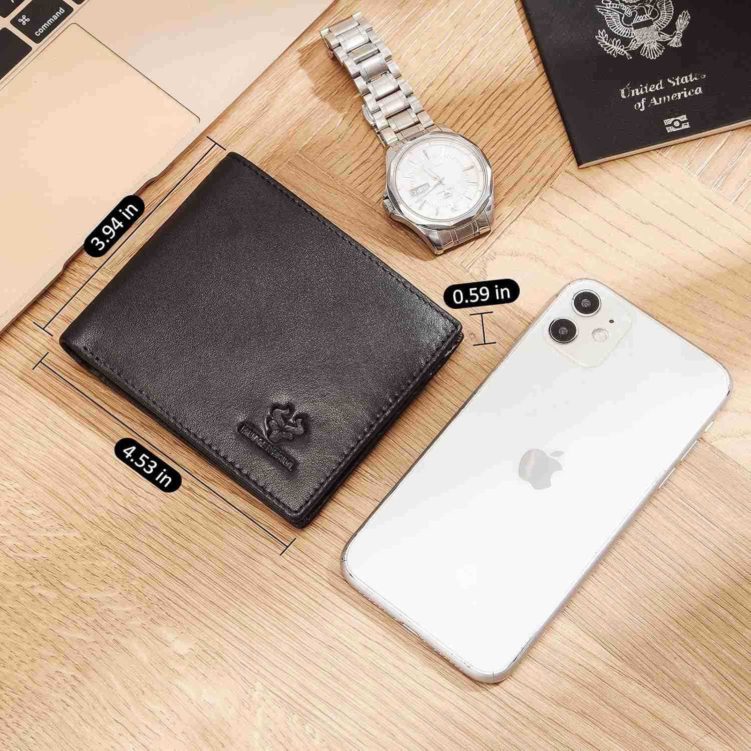 Mens Wallet with Chain RFID Blocking Genuine Leather Bifold Wallet Minimalist With 2 ID Window BlackZ250910