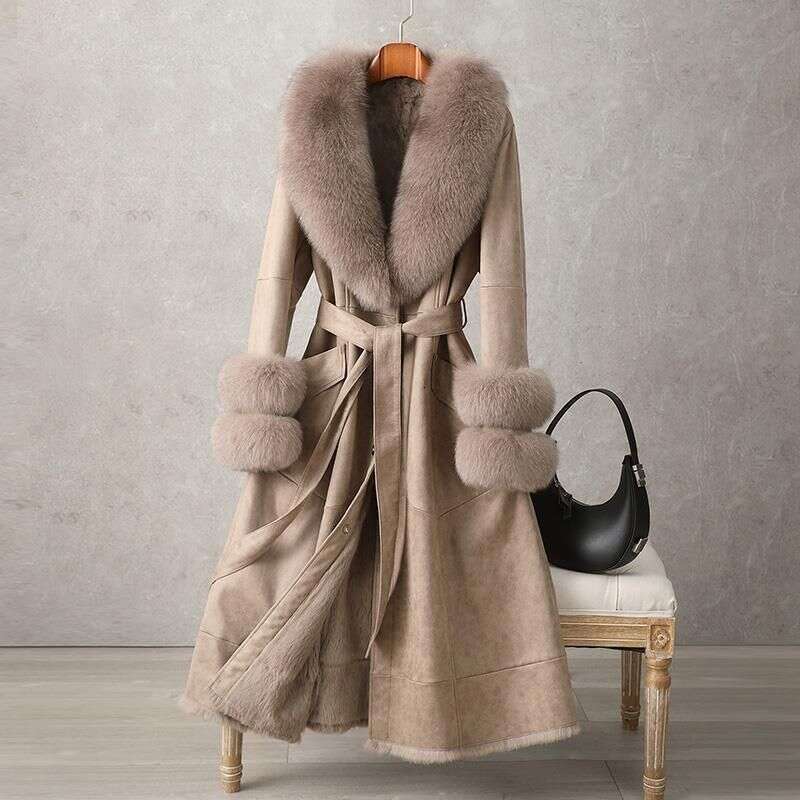 Women's Clothing Rabbit 2024 New Mid Length Women's Over The Knee Fox Fur Collar Coat Slim Fit