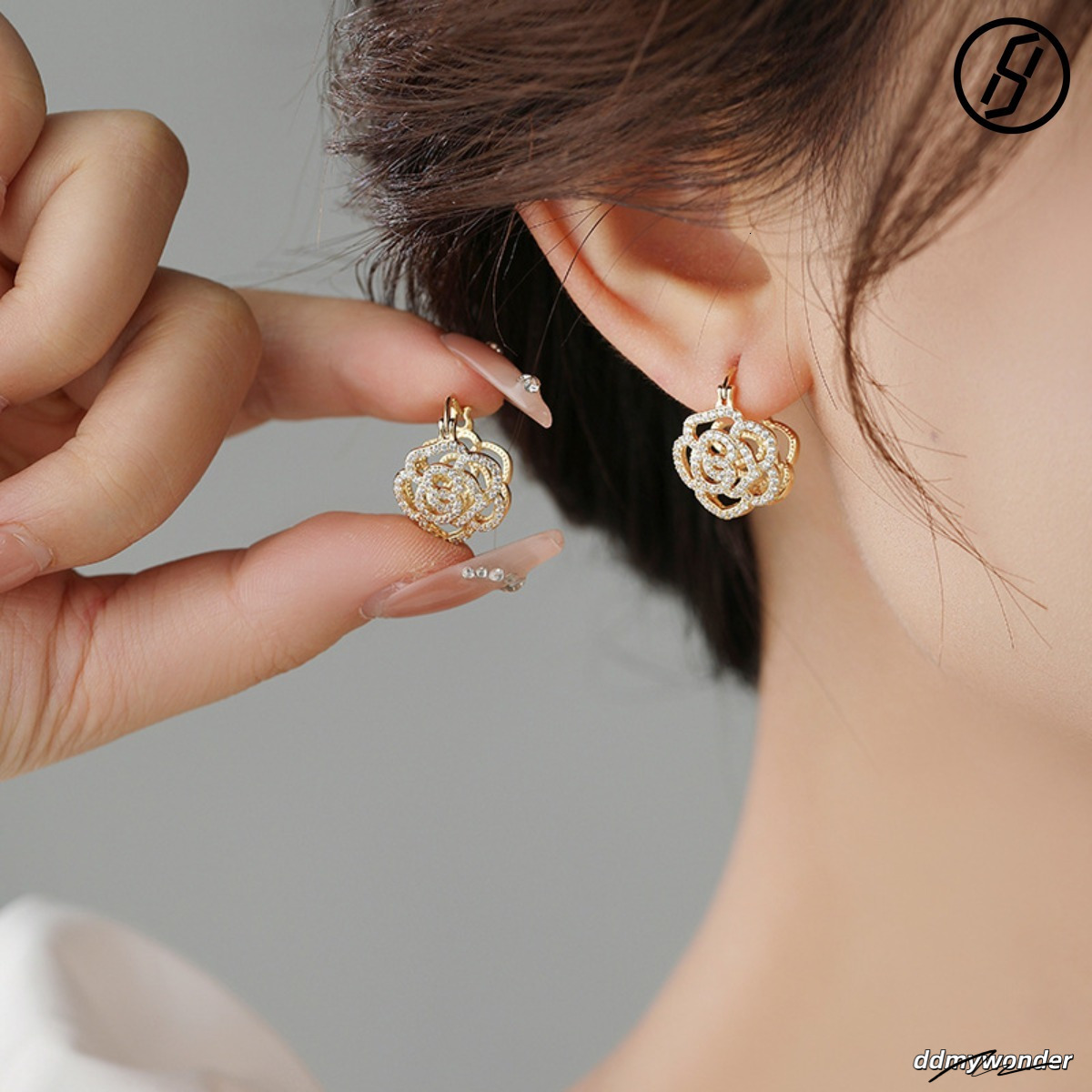 Double-Sided French Camellia Zircon High-End Craft Design Pearl Flowers Floral Earrings Designer Women Original Jewelry