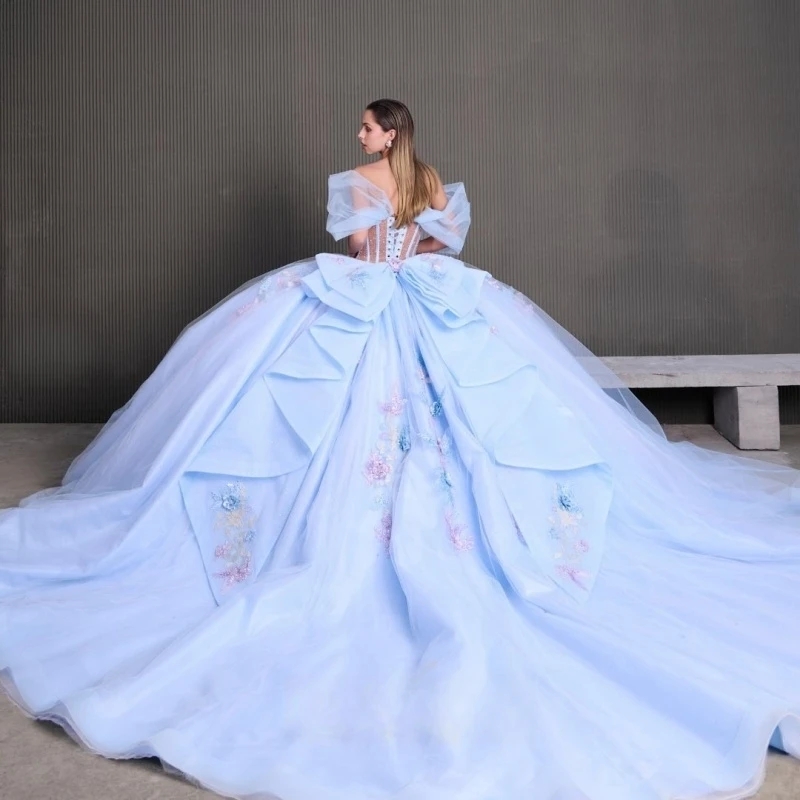 Sky Blue Quinceanera Dresses Ball Gown Off The Shoulder Applique Lace Beads Bow Tull Party Birthday Sweet 16 Dress Vestidos 15 De Anos