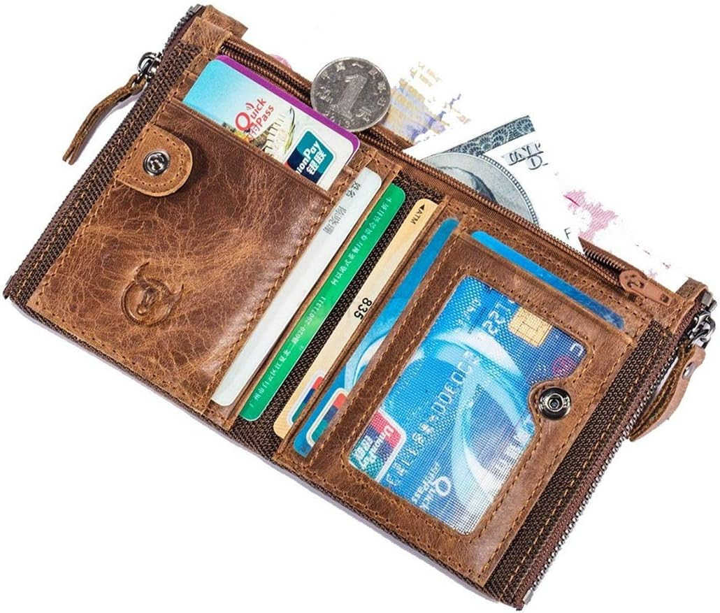 Genuine Leather Wallet for Men Vintage Bifold with Double Zipper Pockets BrownZ250910