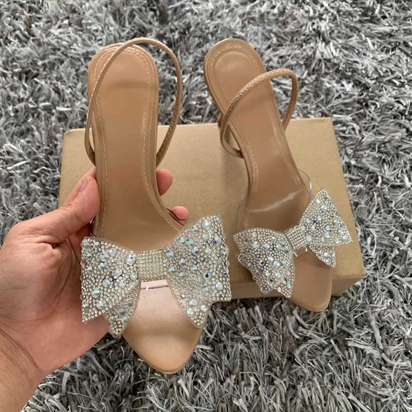 Summer Women High Heel Sandals Transparent PVC Heels Luxury Rhinestone Bow Slingbacks Female Sexy Party Wedding pumps Shoes W250910