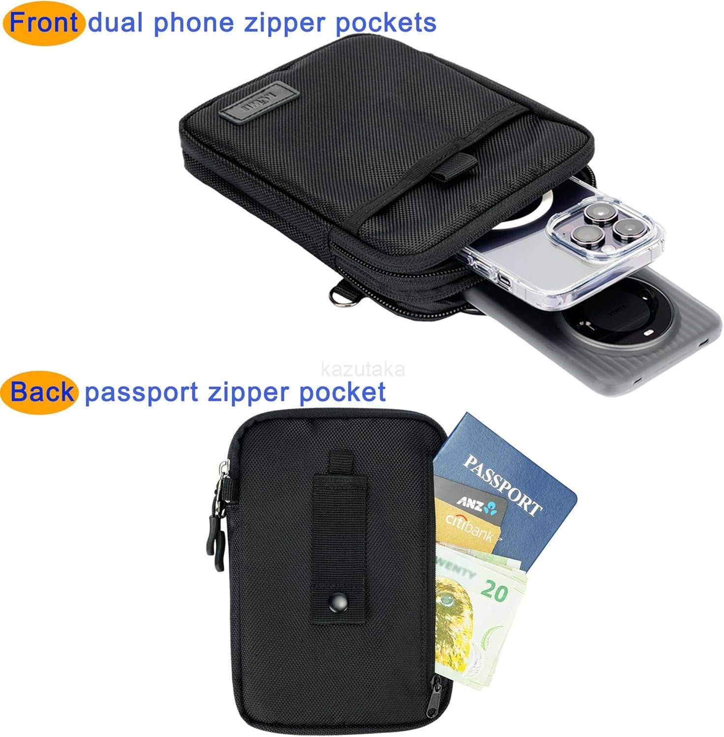 Travel Cell Phone Pouch Belt Pouch Dual Phone Holster Crossbody Bag with Shoulder Strap for iPhone 16 15 14 Pro Max Case Holder with Neck Lanyard Smar