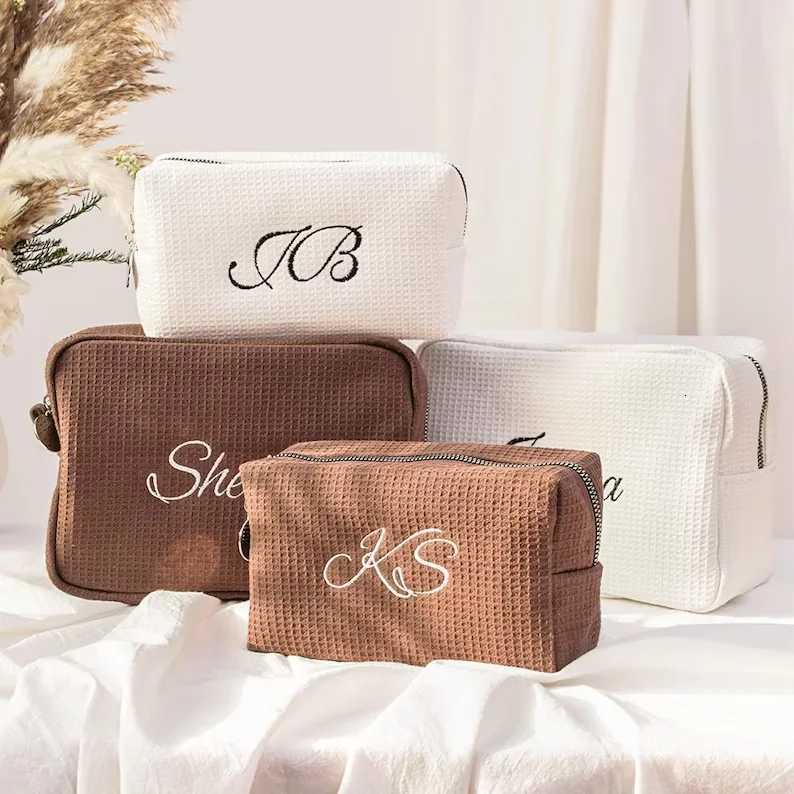 Embroidered Personalized Waffle Cosmetic Bag Custom Name Toiletry Bag Initials Makeup Bag EcoFriendly Monogram Makeup BagXJ250910