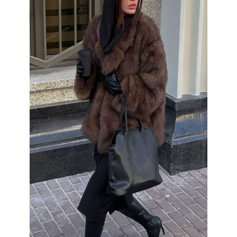 Real Shot - Turn-Down Collar Plush Faux Fur European and American Cross-Border Autumn Winter Fashion Comfortable Casual Warm Coat Top