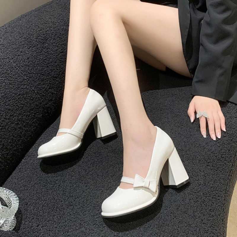 Sweet Bow High Heels Slip on Mary Shoes Womens Cute Round Shape Toe Cap Party Shoes for Women Patent Leather Pumps W250910