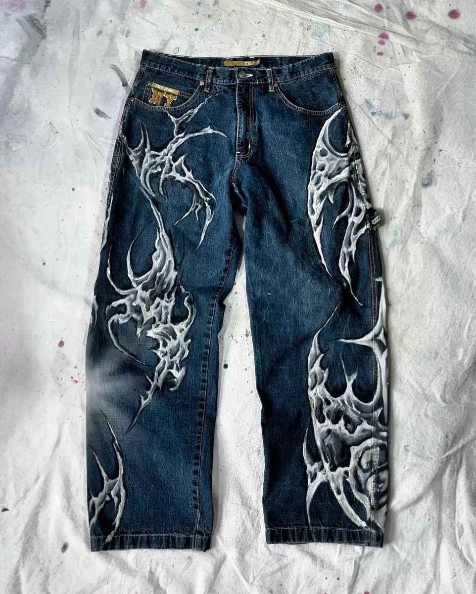 American Fashion Trend Washed Pattern Embroidered Loose Jeans Street Womens New Hip Hop Wide Leg Pants Plus Size Unisex Jeans Z250910