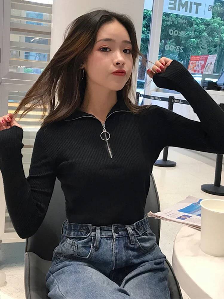 2025 Korea Knitted Zipper High Neck Sweater Pullovers Turtleneck Autumn Winter Basic Women Sweaters Slim Fit Pull Femme dongdumaoyi