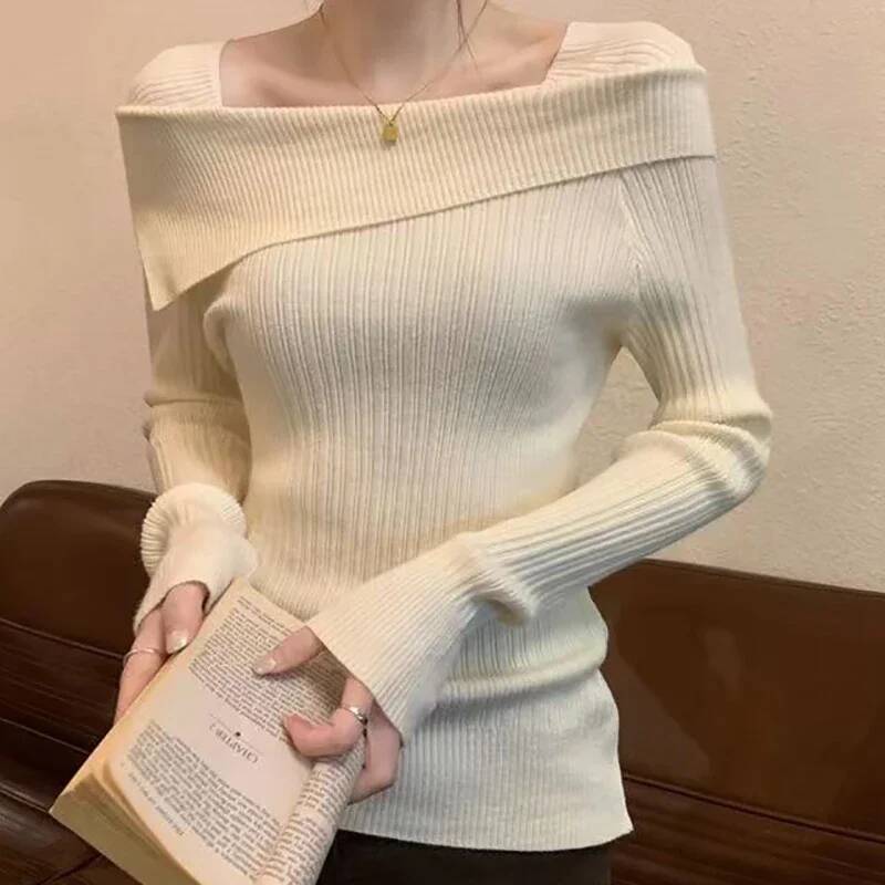 Solid Sexy Slim Off Shoulder Slash Neck Long Sleeve Knitting Sweater Women Jumpers Office Fashion New dongdumaoyi