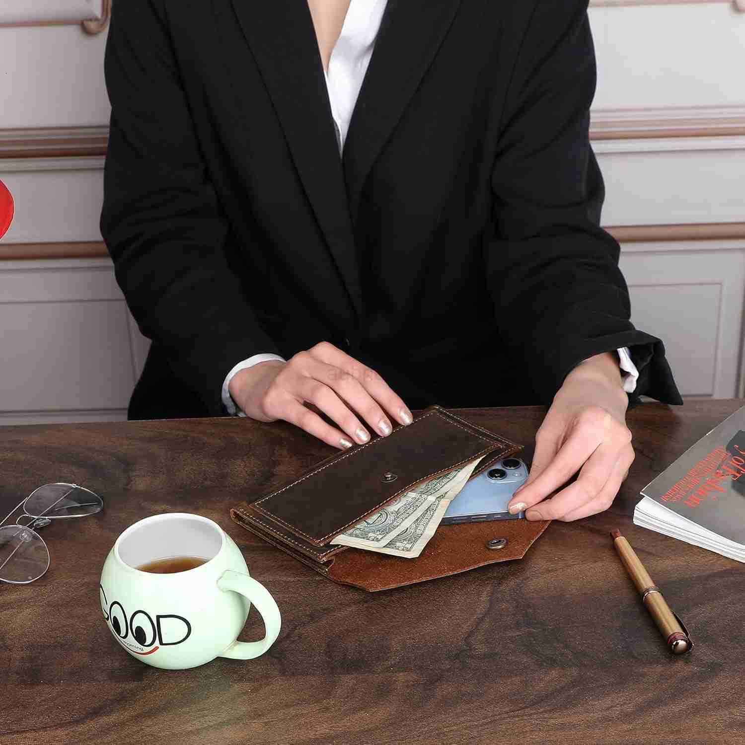 Brown Leather Cash Envelopes for Money Small Money Pouch With Mobile Holder Handmade Leather Wallets Currency Holder Money Organizer for Cash Money Ba