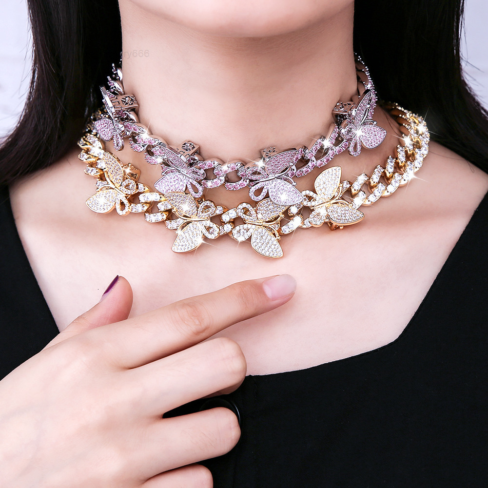 KRKC 18k Gold Pink Plated Colored Moissanite Butterfly Choker Silver Butterfly Chain Jewelry Butterfly Cuban Link Necklace