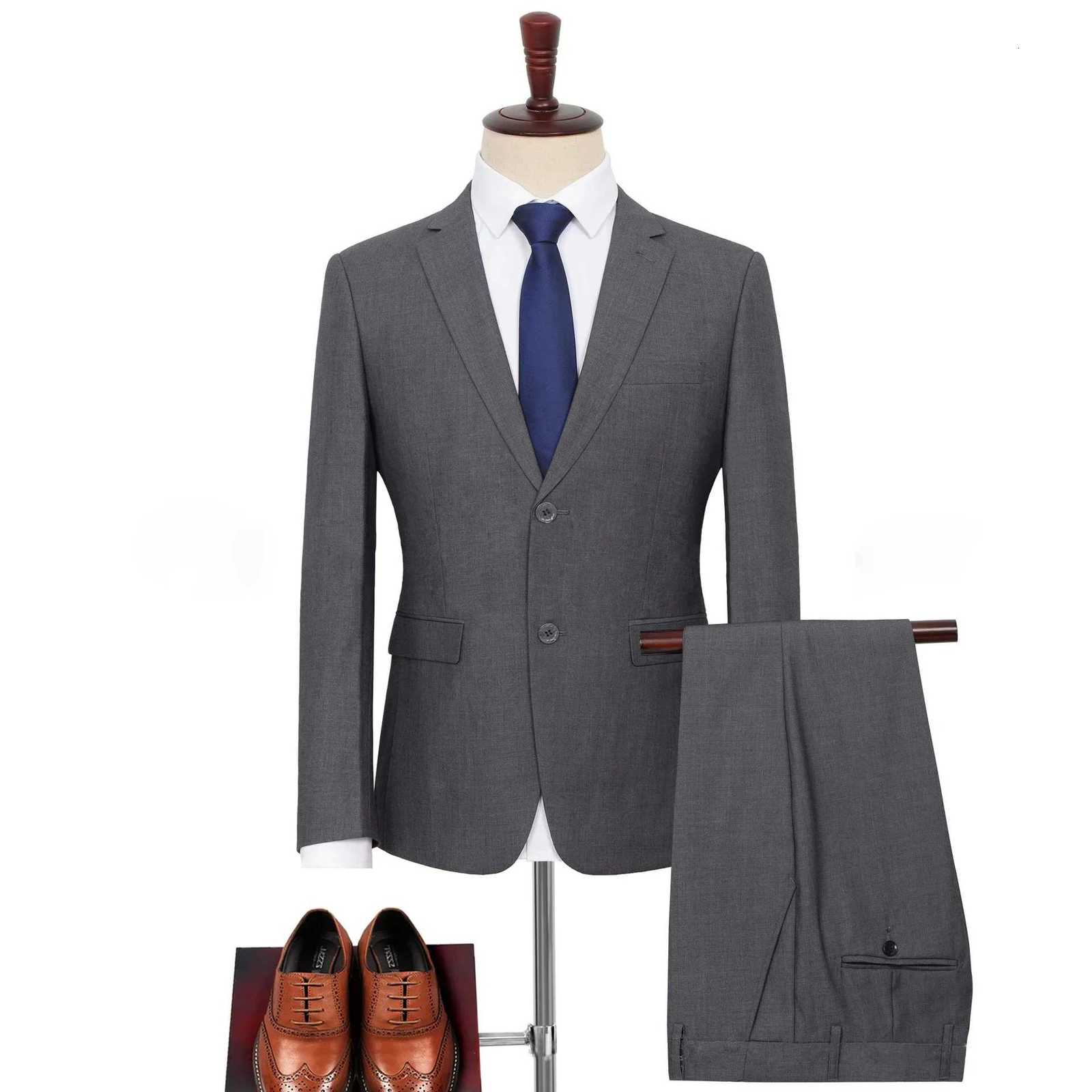 2024 Plus Size Suit Set Men Solid Color Single Breasted Jacket Pants For Host Groom Groomsmen Grey Black Navy 2Piece Suit Set W250910