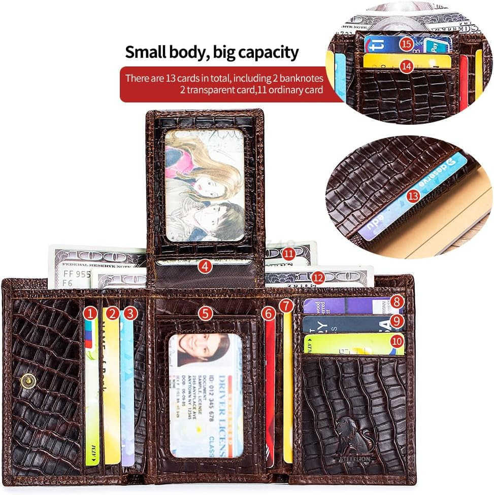 Genuine Cowhide Leather Mens Wallet CrocodileEmbossed Design with Large ID Window 15 Card Slots Builtin Zippered Coin Pocket Includes AntiTheft ChainZ