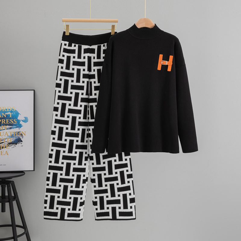 Women's Half High Neck Knit Sweater Set - Casual Wide Leg Pants Two-Piece Outfit