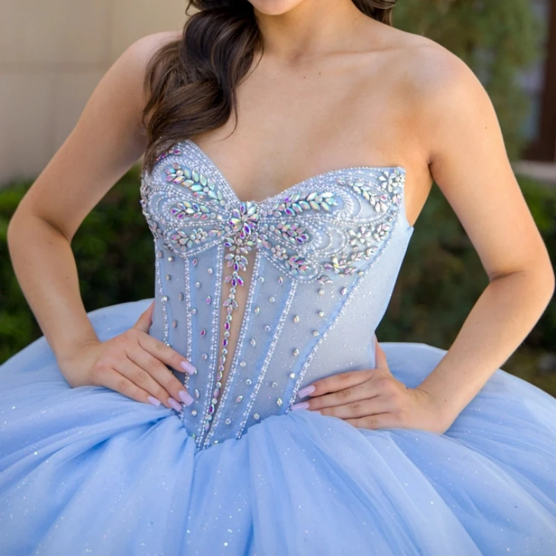 Sky Blue Shiny Quinceanera Dresses Ball Gown Off The Shoulder Beading Crystal Corset Tull Sweet 16 Dress Vestidos 15 De Anos