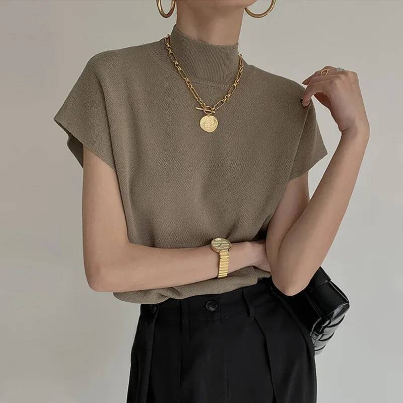 Fashion Vest Shirt Solid Stand-up Collar Knitted Sweater Short Sleeve Office Lady Loose Elegant All-Match Straight Tops dongdumaoyi