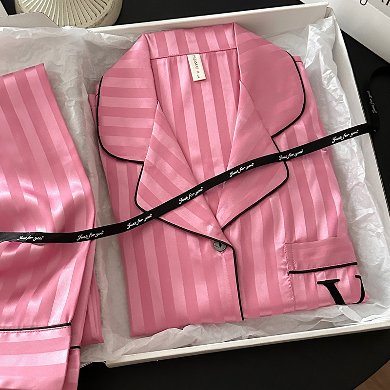 New Ice Silk Women's Pajamas Barbie Pink Striped Collar Long Sleeve Pants Home Clothes Set Autumn/Winter New Designer Pajamas