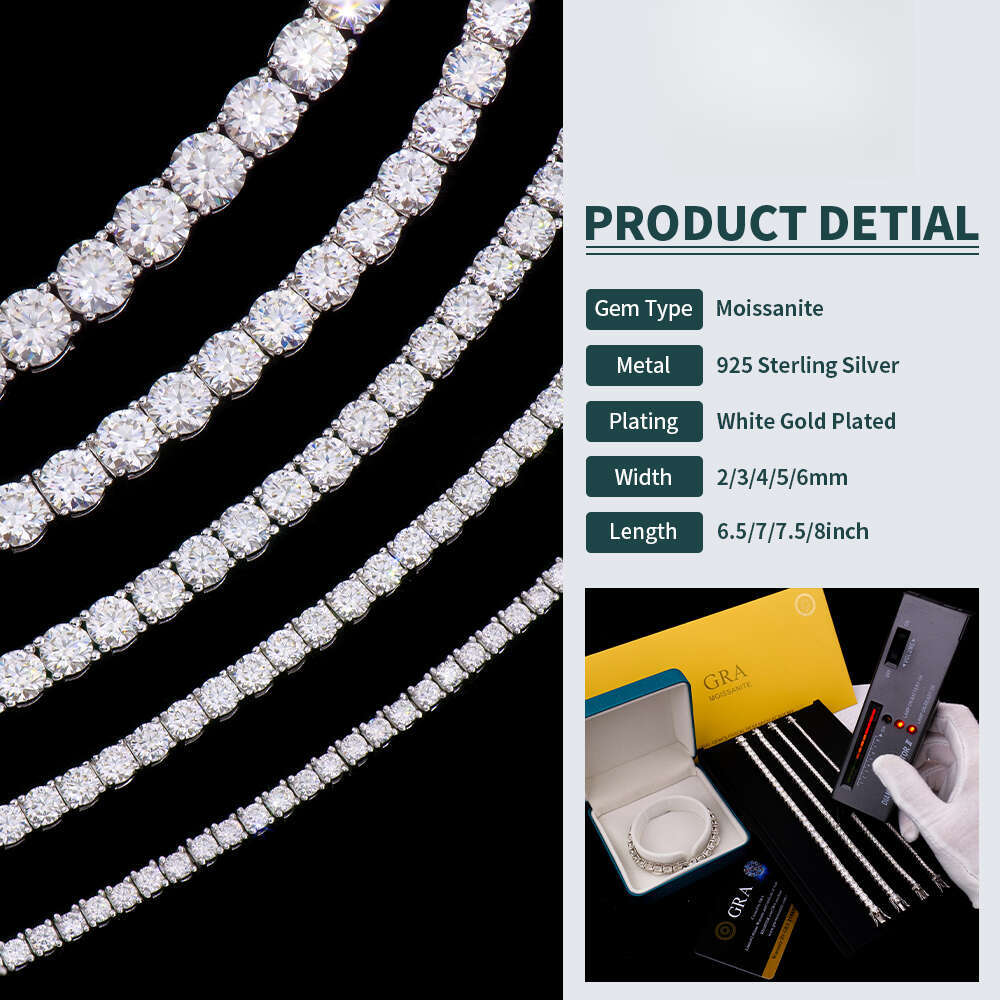 Worldwide Shipping White Gold Sterling Sier Round Brilliant 2-6mm Moissanite Tennis Bracelet Engagement for Man Women