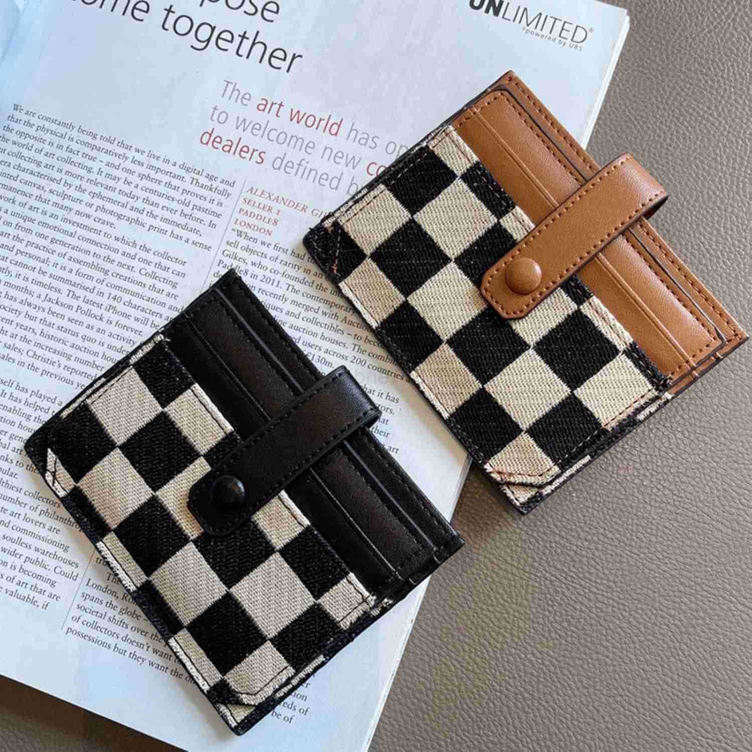 Cute Slim Card Holder Canvas Front Pocket Checkered Wallet Small CARD Case for Women BrownZ250910
