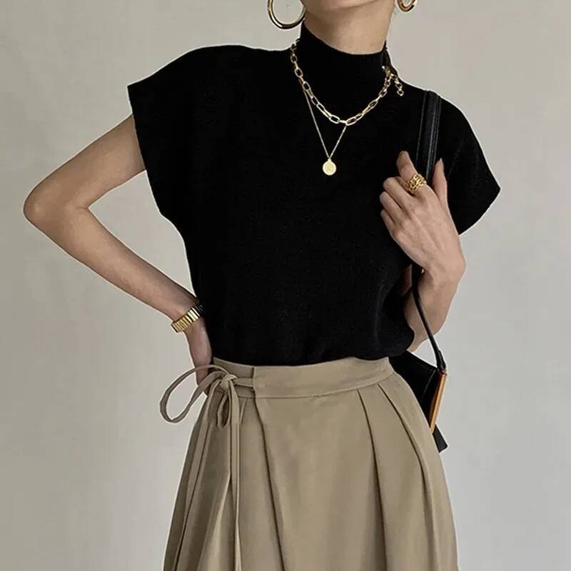 Fashion Vest Shirt Solid Stand-up Collar Knitted Sweater Short Sleeve Office Lady Loose Elegant All-Match Straight Tops dongdumaoyi