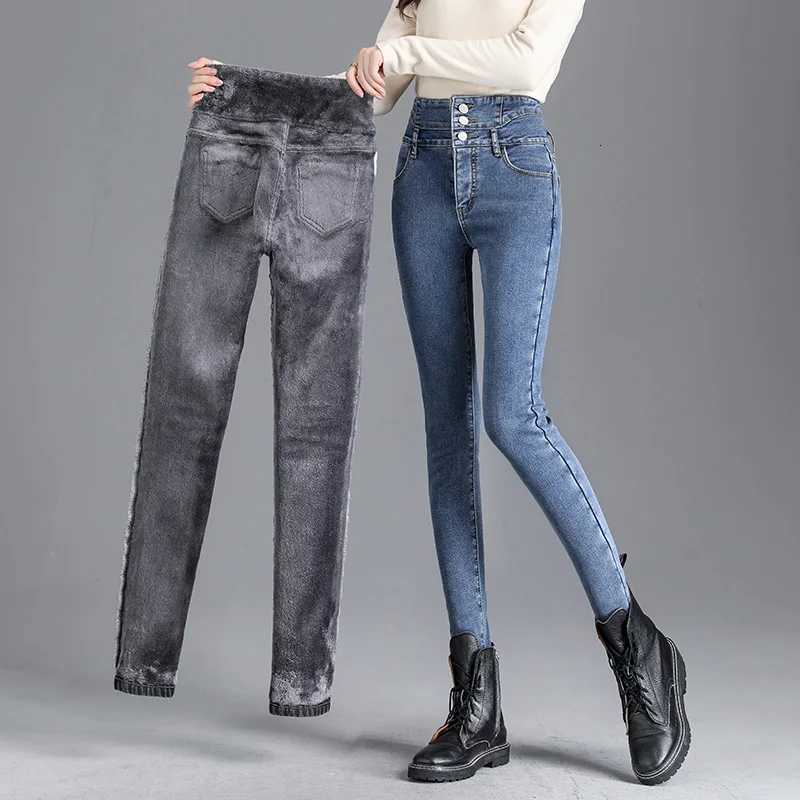 Thermal Winter Thick Fleece Highwaist Warm Skinny Jeans Thick Women Stretch Button Pencil Pants Mom Casual Velvet Jeans Z250910