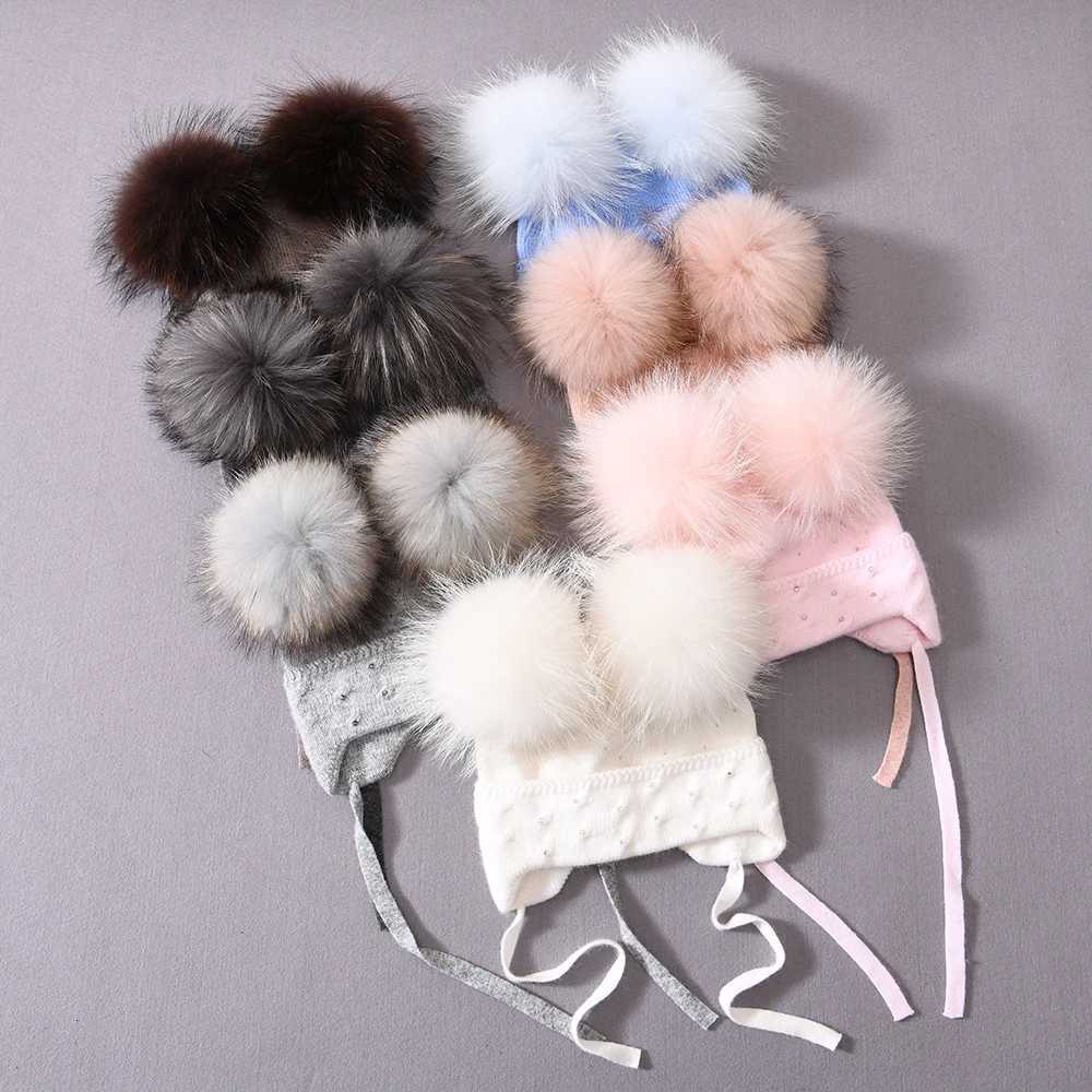 Jxer Baby Wool Hat Winter Cute Double Real Fur Pom Earfl Beanie Fluffy Warm Childrens Wool Hats with RhinestoneXJ250910