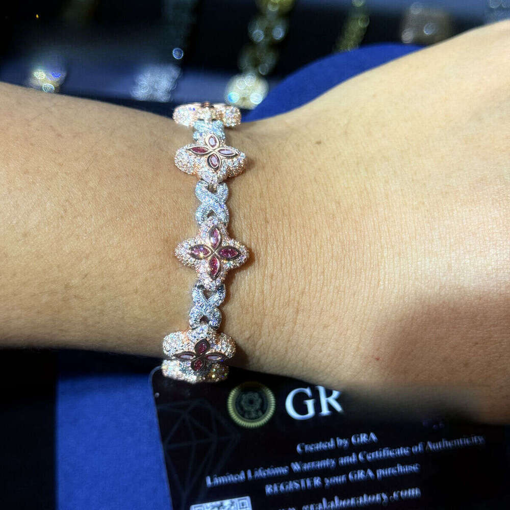 New Arrivals Fashion Jewelry Sterling Sier Vvs Pink Color Moissanite Dia Four Leaf Clover Cuban Link Tennis Bracelet