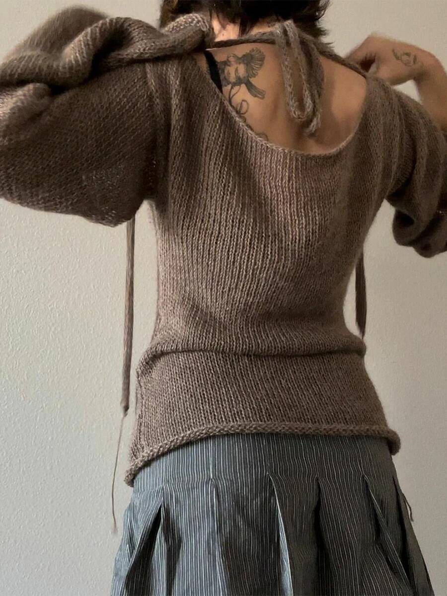 Fashion Women's T-shirt Tie Back Sweaters Long Sleeve Boat Neck Solid Color Knit Pullover Casual Tops Streetwear Y2k Summer Cami dongdumaoyi