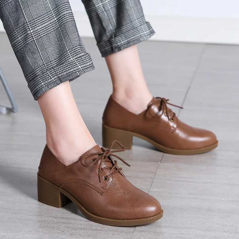 Black Small Shoes For Women British Moccasins For Women Autumn Deep Single Shoes Laceup Commuter Medium Heel Plus Size Womens W250910