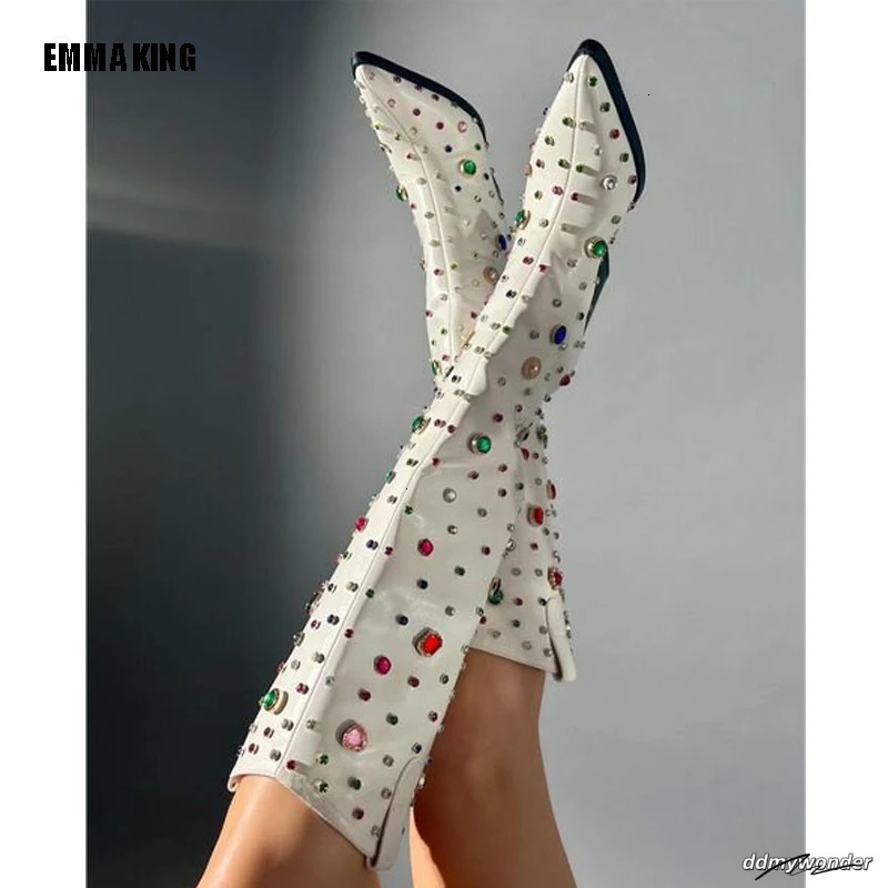 Womens Dia High Heels Boots Cowgirl Pointed Toe Knee High Colorful Gem Long Lady Fashion White Boots 44 Dh5437010 ddmywonder