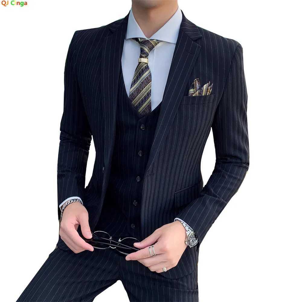 Blue Men Classic StripedChecked Suits Business Office 3 Piece Sets Asian Size Mens Dress Suits BlackGray Available M4XL W250910