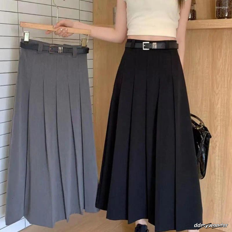 Skirts Women Maxi Skirt High Waist Pleated Ankle Length With Belt Solid Color A-Line Long For Office Women's Clothing