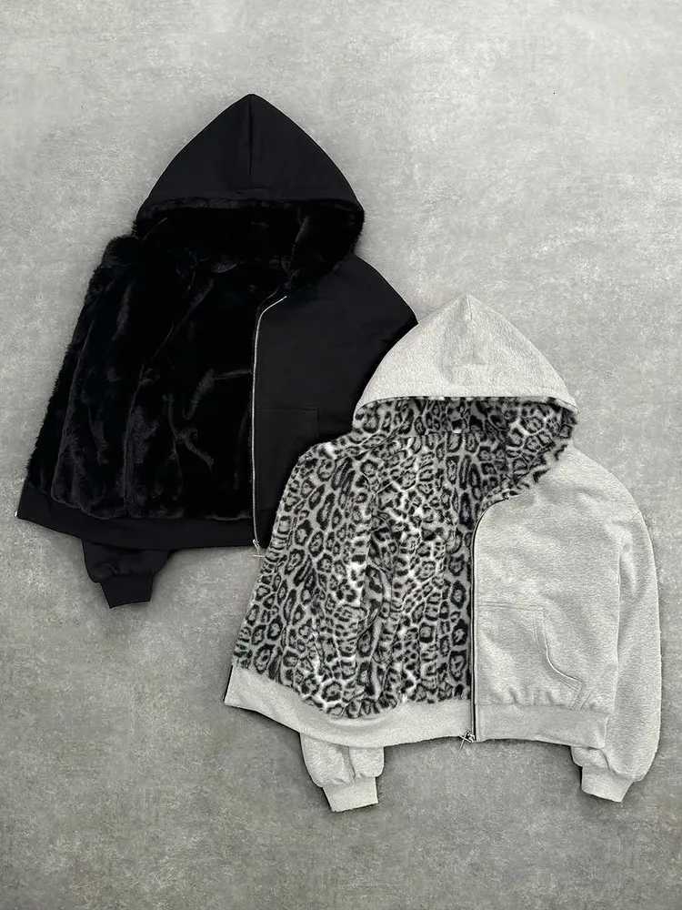 Unisex hoodie hooded sweatshirt with leopard print lining pocket loose cardigan zipper sweatshirt strtwear style X250910