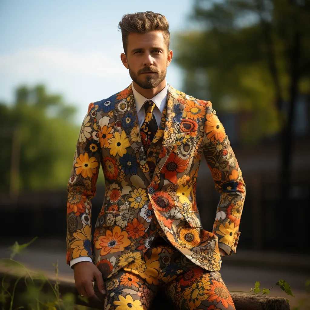 Mens 2 Piece Suit Notched Lapel Fashion Vintage Coat Sunflower Daisy Floral Print Two Buttons Slim Fit Sui No Tie W250910