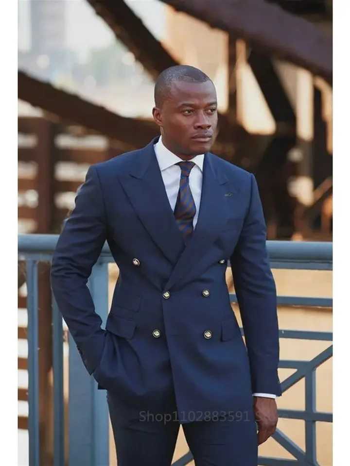 High End Double Breasted Luxury Suits for Men Navy Blue Office Work Blazer Homme Outfits Skinny 2 Piece Jacket Pants Full Set W250910