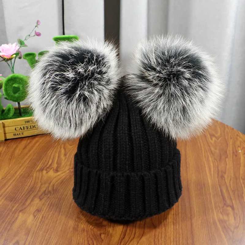 Winter Baby Knit Hat With Two natural Pompoms Boy Girls Natural Fur Beanie Kids Cs Double Real Fur Pom Hat for ChildrenXJ250910