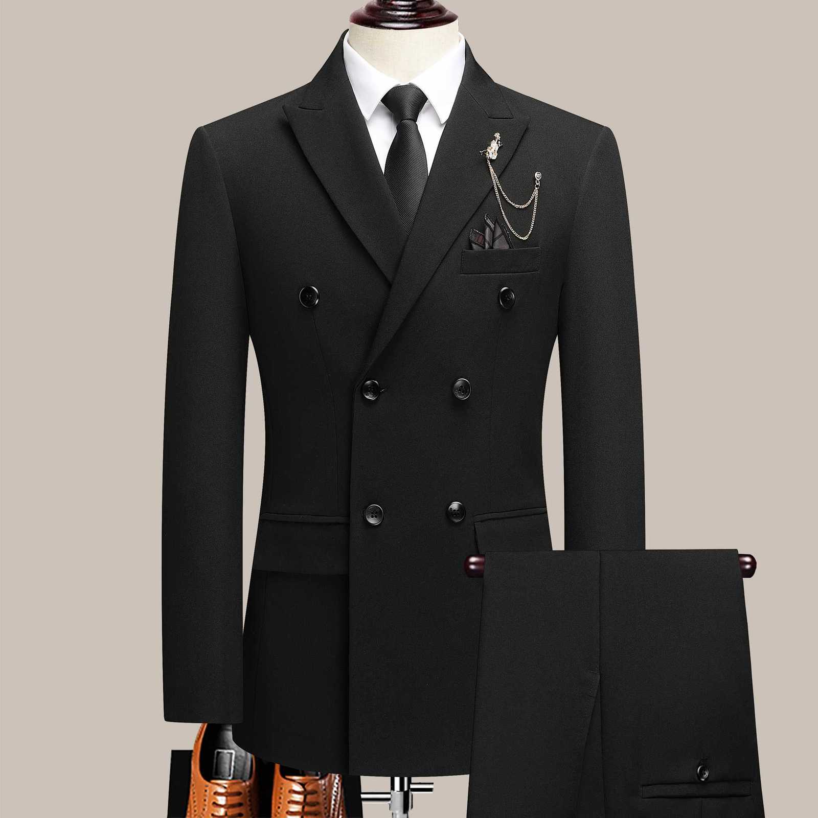 The latest mens solid color suit twopiece set with lapel collar and double breasted buttons for four seasons mens business s W250910