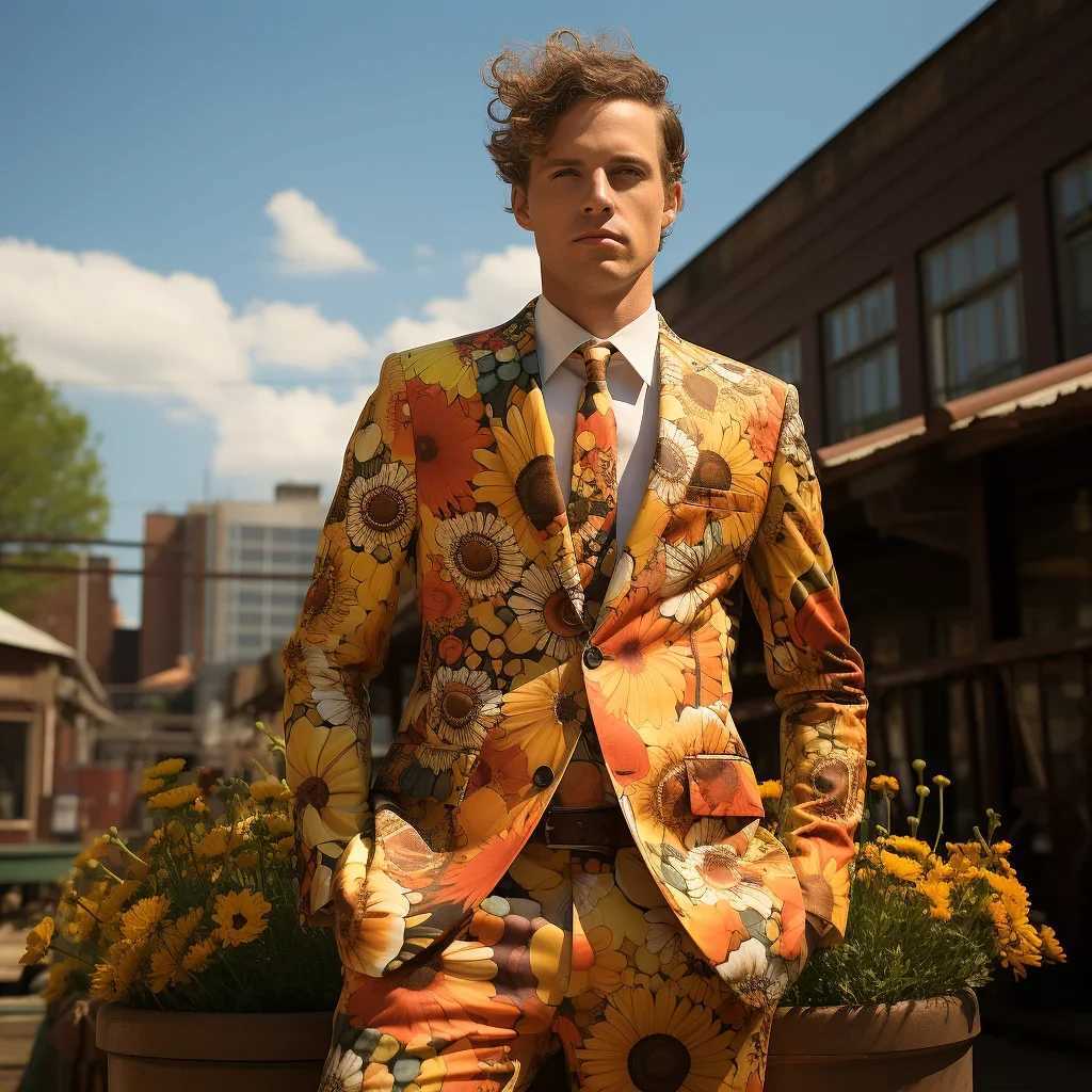 Mens 2 Piece Suit Notched Lapel Fashion Vintage Coat Sunflower Daisy Floral Print Two Buttons Slim Fit Sui No Tie W250910