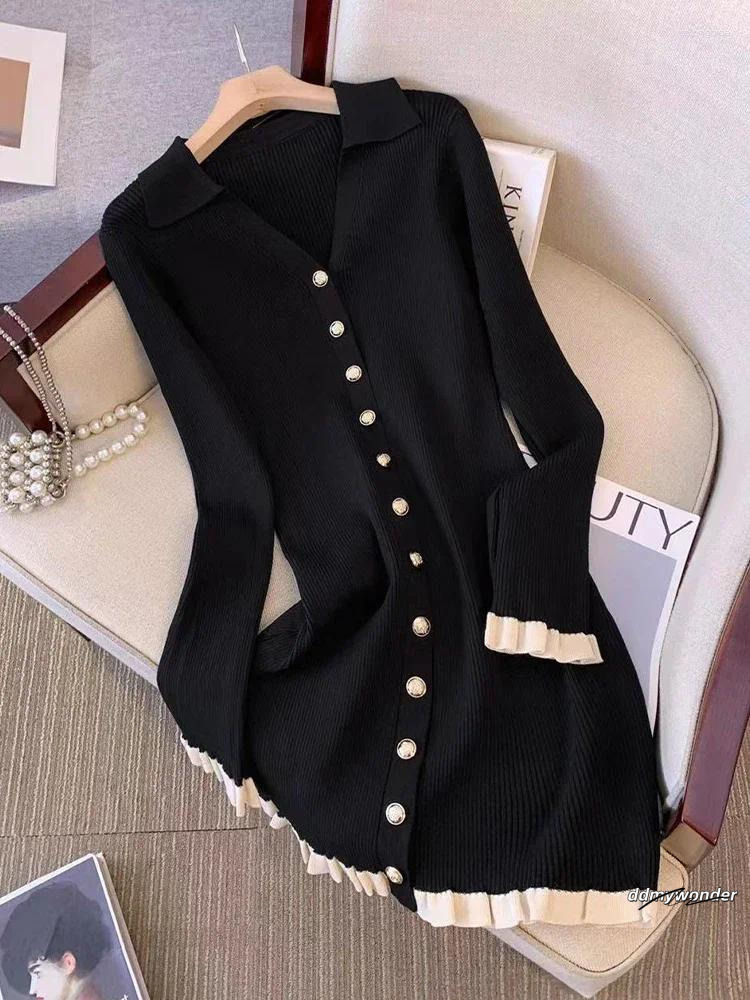 Casual Dresses Autumn Winter French Fashion Old Money Long Sleeve Knit Dress Women 2000S V-Neck Frock Mini One-Piece Vintage Coquette
