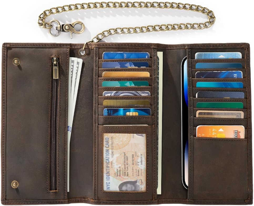 Mens Chain Wallet Biker Trucker Wallets with Long Strong Chains Genuine Leather Trifold Billfold Snap BrownZ250910