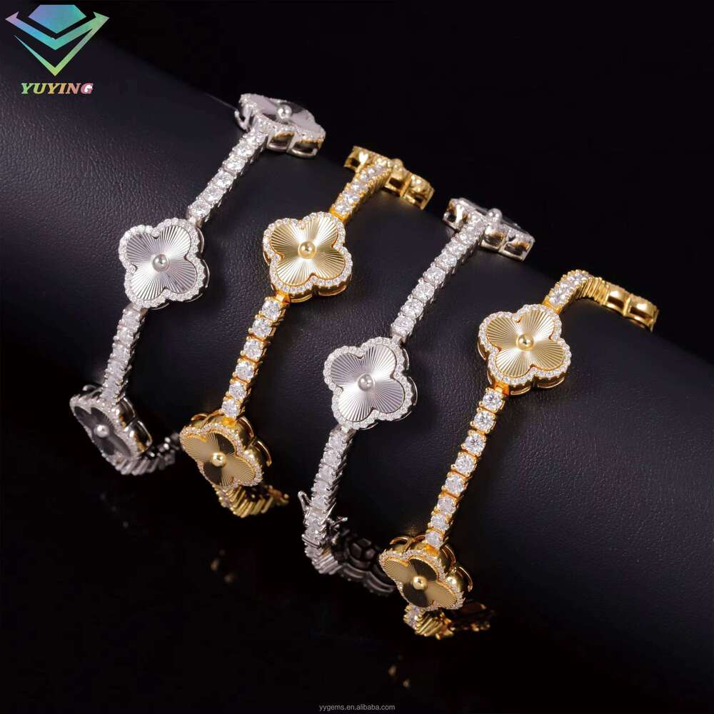 Fashion Four Leaf Gold Plated S Sier 3mm 4mm Mossanite Laser Engraving Clover Tennis Chain Jewelry Bracelet