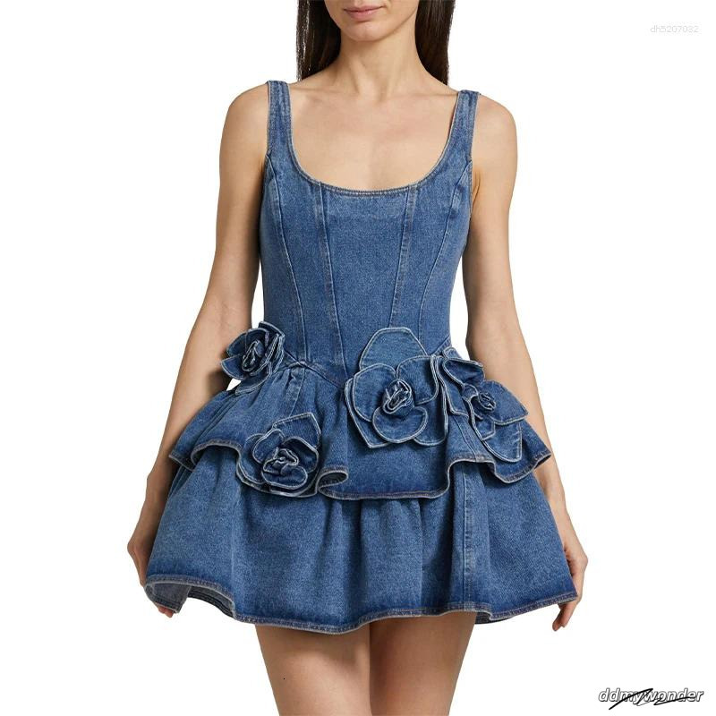 Chic A-Line Mini Dress - 3D Floral Denim Halter Dress, Vintage High Street Style, Perfect For Summer Parties ddmywonder ddmywonder ddmywonder