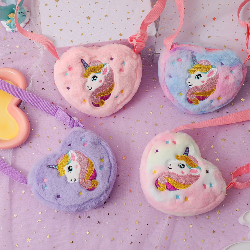 Lovely Heart Shape Handbags For Girls Embroidery Unicorn Kids Shoulder Bag Baby Girl Mini Purse 250909