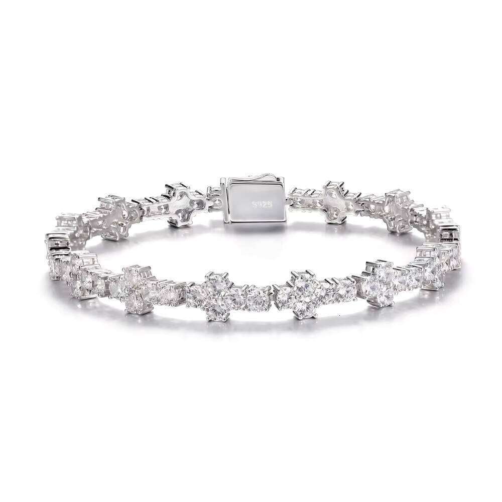 Wholesale Custom Fashion Sier Lab Dia GRA Moissanite Zircon Four-leaf Clover Tennis Sterling Bracelet