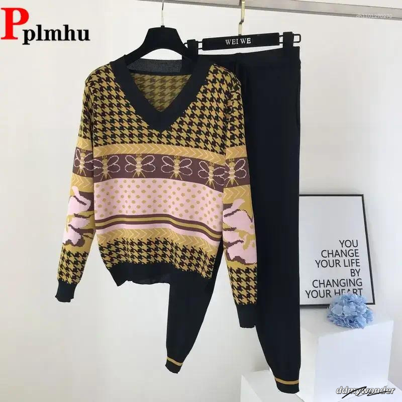 Women's Tracksuits Sweater Two Piece Sets Ankle-Length Pants Tracksuit Knit Outfits Women Vintage Print Long Sleeve V-Neck Patchwork